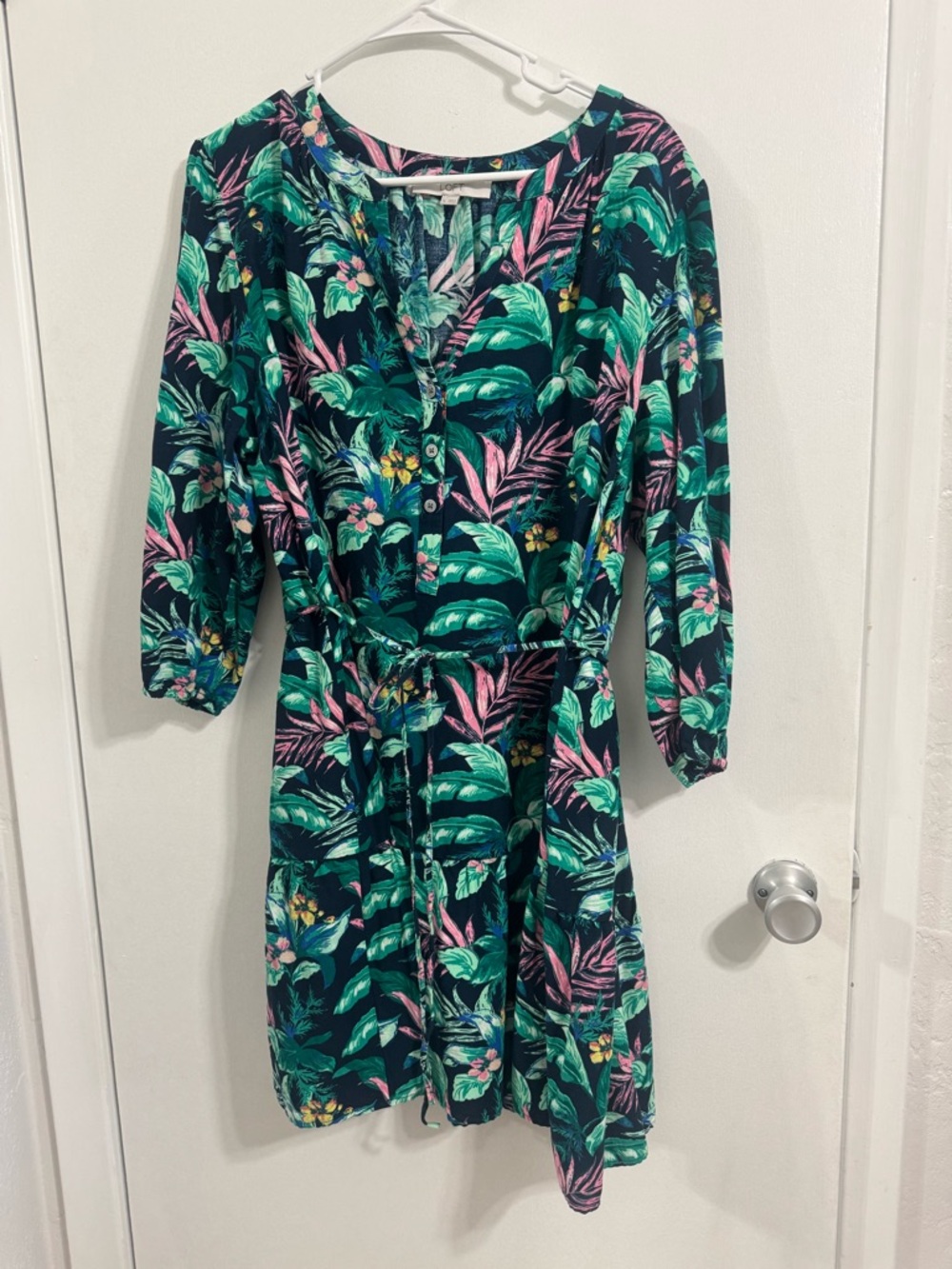 LOFT Navy Dress with Green and Pink Tropical Leaf Print
